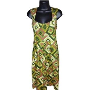 Asha geometric yellow and green sleeveless dress size m, defined waist